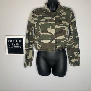 Misguided Cropped Camo Button Up Jacket Green Brown Military Size 6